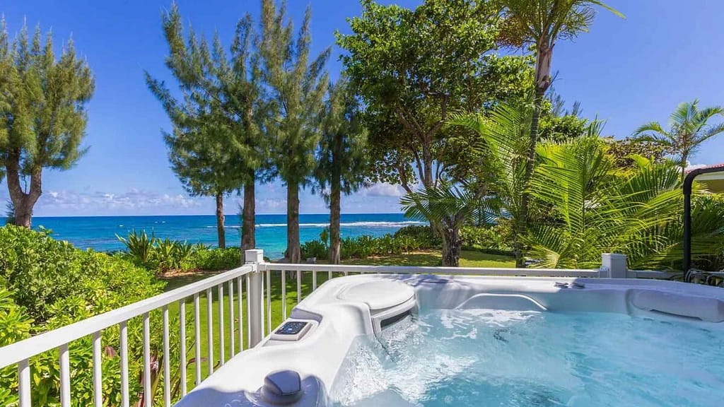 hot tub on lanai with ocean view at Hale Kealoha Hawaii Luxury property