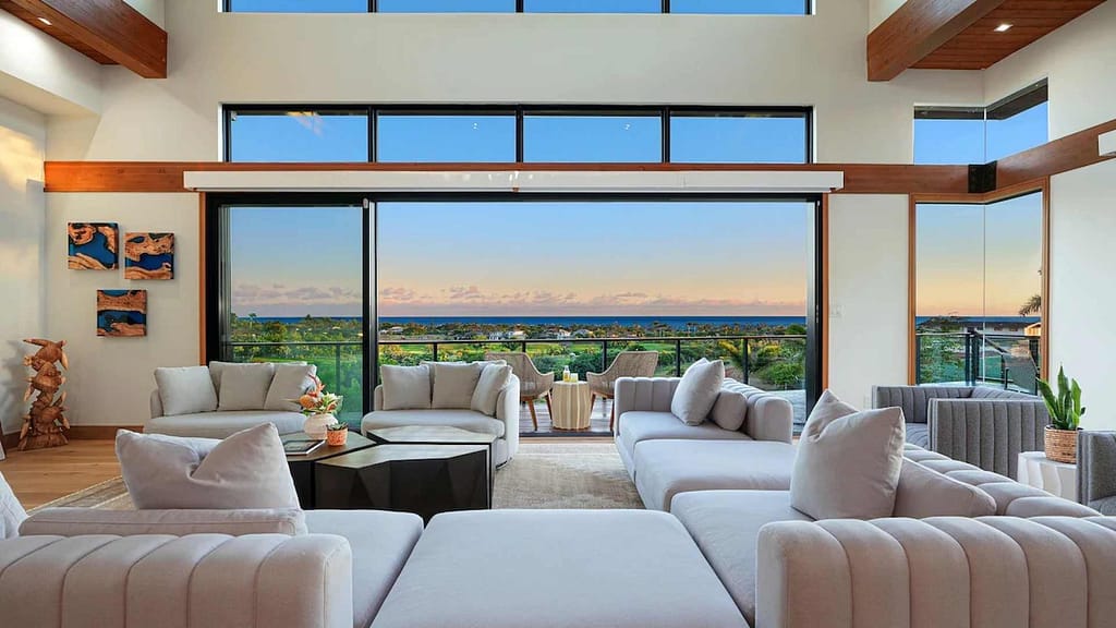 lounge with a breathtaking sunset view at Makai Lani Villa Hawaii Luxury