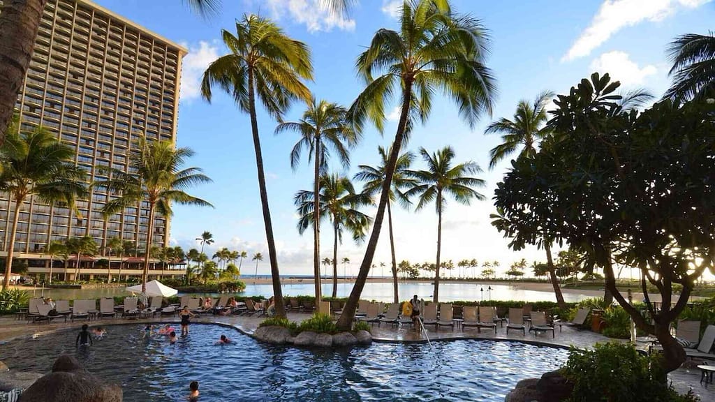 tropical and pool view at Kealoha Penthouse Hawaii property rental