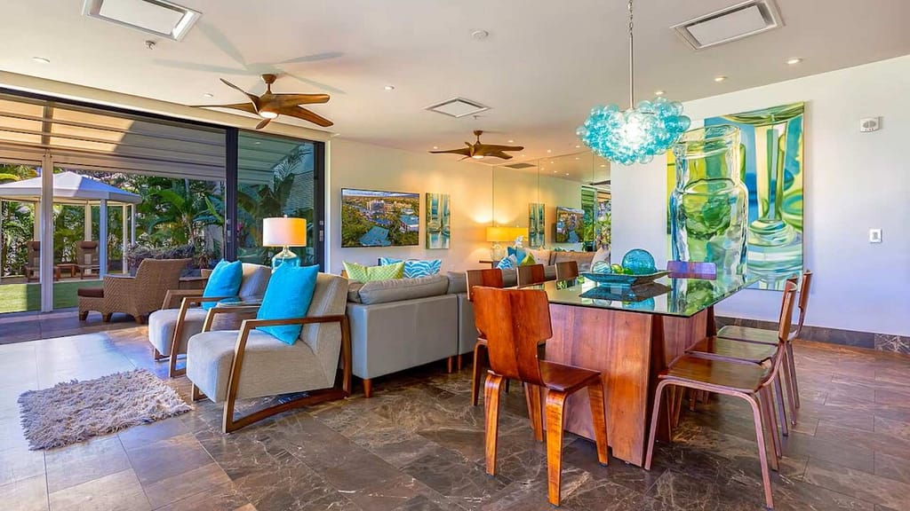 garden view from living room, dining and kitchen area of Leilani Andaz Villa Hawaii Luxury rental